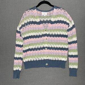 Absolutely Pastel Wavy Stripe Crochet Cardigan Sweater Scalloped Knit Spring S